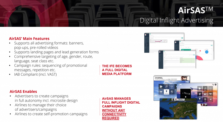 AirSAS is the world's Top#1 independent inflight adserver, delivering currently more than 8m displays per month. Based on a 100% actual consumption business model, your media sales team will love it!