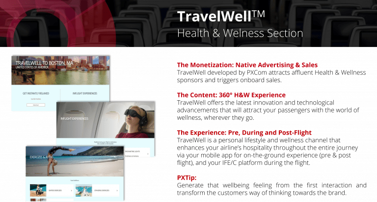 Offer your passengers a digital relaxing zone, that also encompasses stretching exercises and in-destination wellness info.